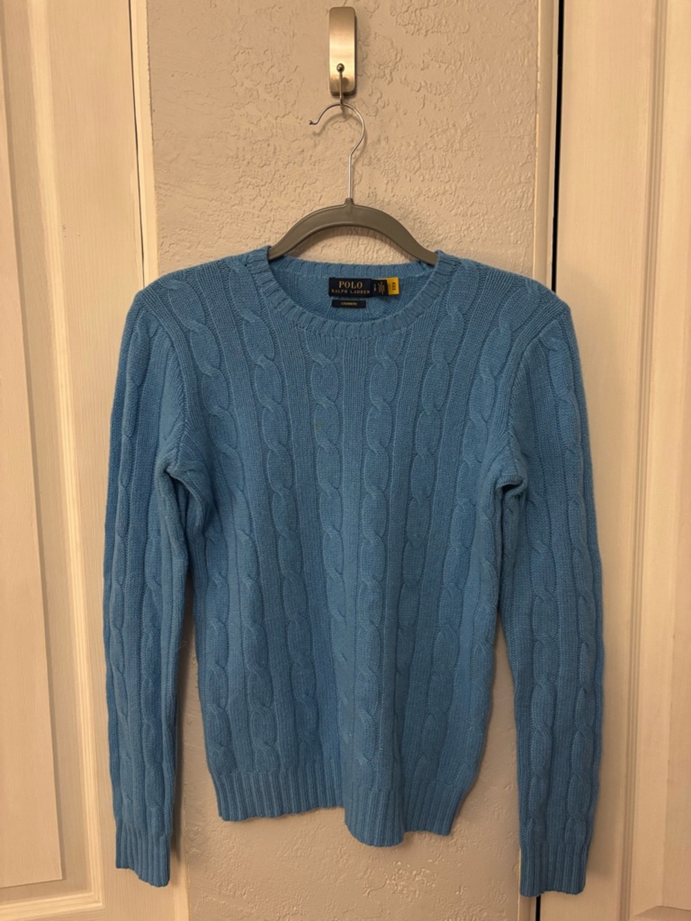 Men’s Ralph Lauren Polo Blue 100% Cashmere Cable Knit Sweater Size Small FLAW